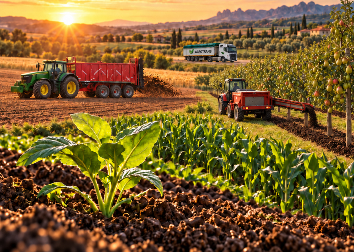 Tractor grande con esparcidor, tractor pequeño aplicando en frutales, maíz y camión Agrotrans